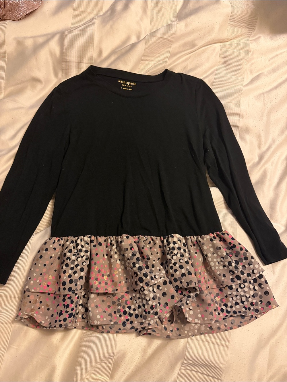 kate spade Black Long-Sleeve Top with Polka Dot Ruffle Hem